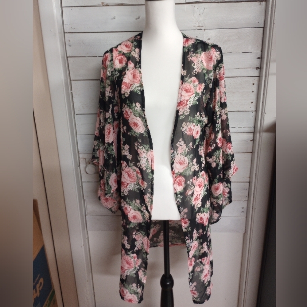 Wallflower Womens Small Black Floral Kimono Style Open Front Cardigan Semi Sheer